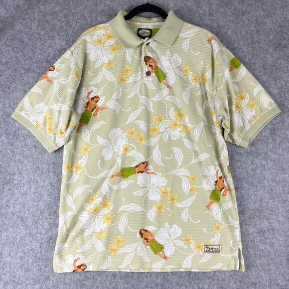 Vintage Tommy Bahama Hawaiian Polo Shirt Mens Medium Hula Girl Floral Textured - Picture 1 of 13